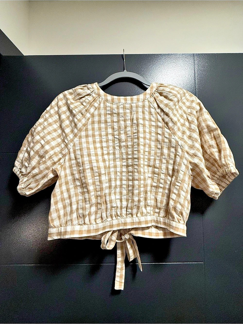 BP. Gingham Tie-Front Blouse in Brown & White Size Medium